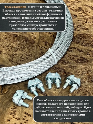 Трос стальной d3 с зажимами (4 шт.) ОЦ без оплетки, 40 метров фото 4