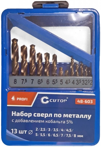 Набор сверл по металлу Cutop Profi с кобальтом 5%, в мет.кор. 2-8мм (через 0,5мм),13шт. фото 2