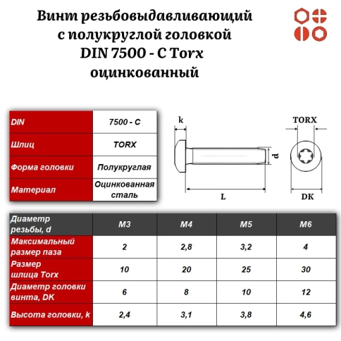 Винт резьбовыдавливающий DIN 7500 С Torx М3х8 оцинкованный, 2000 шт. фото 3