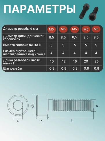 Винты М5 черные к.п.12.9 DIN912 в органайзере НАБОР 1 фото 3